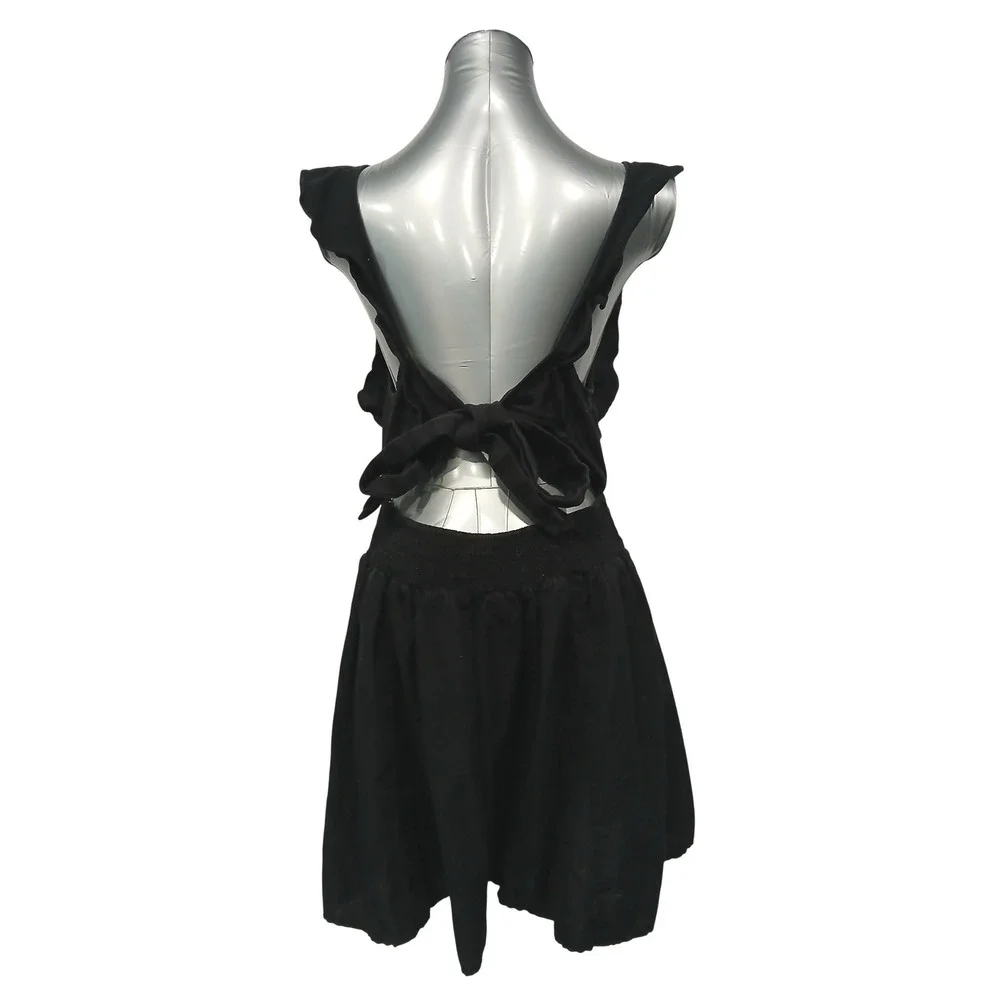 Free People Black Linen Blend Ruffle Open Back Tie Mini Dress Medium OB823812